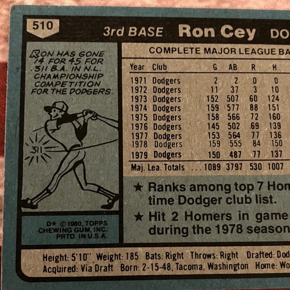 RON CEY Vintage Baseball Card 1980 Topps Dodgers - Picture 4 of 8